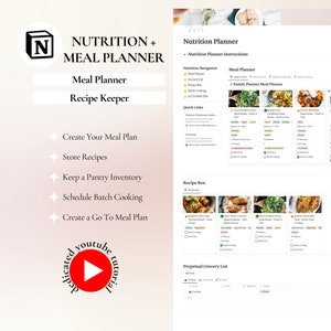 May include: A screenshot of a website for a nutrition and meal planner. The website features a meal planner, recipe keeper, grocery list, batch cooking, and a perpetual grocery list. The website also includes a YouTube tutorial.