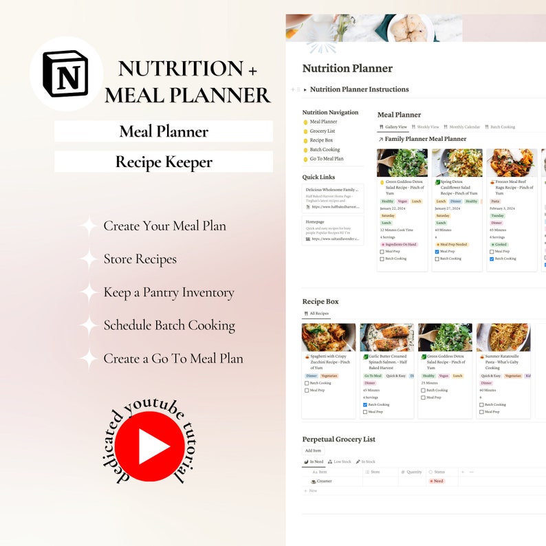 May include: A screenshot of a website for a nutrition and meal planner. The website features a meal planner, recipe keeper, grocery list, batch cooking, and a perpetual grocery list. The website also includes a YouTube tutorial.