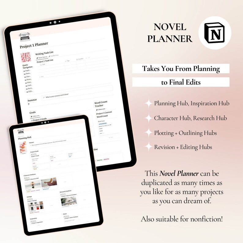 May include: A digital planner for writing novels, with a typewriter icon and the text "Novel Planner" in a pink and white color scheme. The planner includes sections for planning, character development, research, plotting, outlining, revision, and editing. The text "Takes You From Planning to Final Edits" is also included.