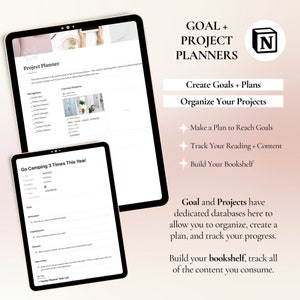 May include: A digital screen displaying a project planner app with the text "Project Planner" and "Go Camping 3 Times This Year". The app includes sections for navigation, current projects, goal, motivation, impediments, reward, take action, and a family planner task list. The screen is on a white surface with a pink and white background.