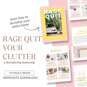Może przedstawiać: Różowa i żółta okładka produktu cyfrowego z tytułem "Rage Quit Your Clutter: A Decluttering Bootcamp". Okładka zawiera zdjęcie kobiety relaksującej się na leżaku w ogrodzie. Tekst "94 strony E-book Natychmiastowe pobranie" jest również zawarty.