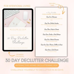 Könnte beinhalten: Ein digitaler Download mit einer 30-Tage-Entrümpelungs-Challenge. Das Bild zeigt ein Tablet mit Tastatur, Maus und Notizblock sowie eine Seite mit einer detaillierten Übersicht über die Challenge, einschließlich Aufgaben für jeden Tag, um Ihren Raum zu organisieren.