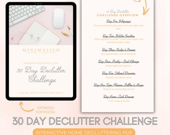 May include: A digital download for a 30-day declutter challenge. The image shows a tablet with a keyboard, mouse, and notepad, alongside a page detailing the challenge overview, including tasks for each day to organise your space.
