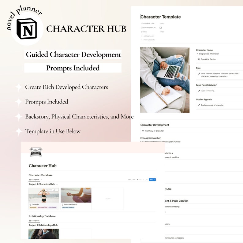 May include: A pink and white digital planner template for character development. The template includes sections for character name, biographical information, role, fatal flaw, goal or agenda, character development, and character arc. The template is designed to help writers create rich, developed characters.