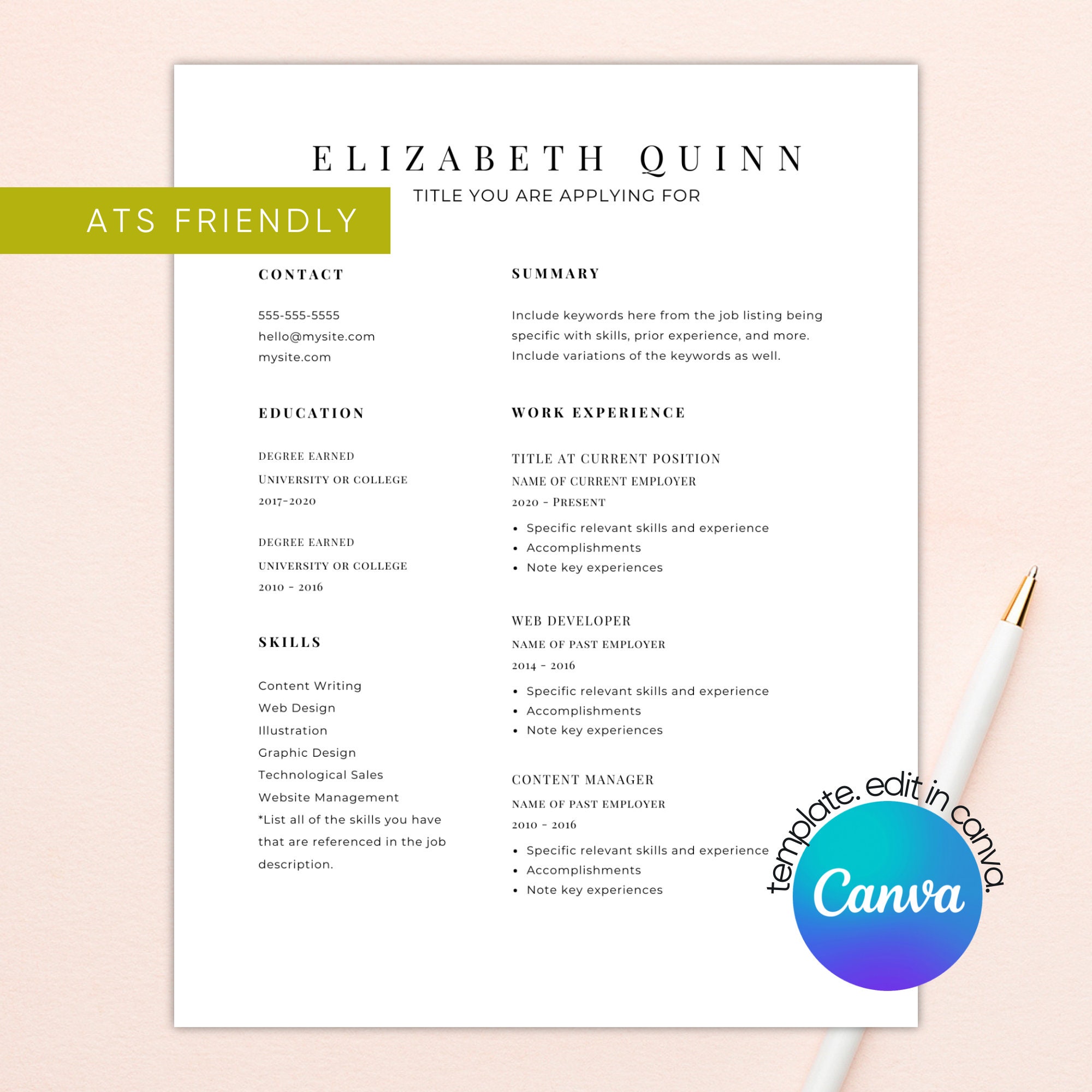 ATS Friendly Resume Template for Canva PDF Resume Template Canva Free ...