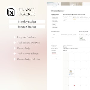 May include: A screenshot of a computer screen showing a finance tracker app. The app has a light pink background and features a monthly budget and expense tracker, integrated databases, bill tracking, budget creation, account balance tracking, and a budget calendar.