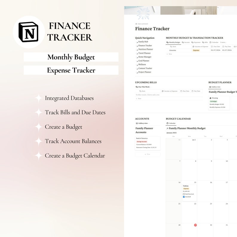 May include: A screenshot of a computer screen showing a finance tracker app. The app has a light pink background and features a monthly budget and expense tracker, integrated databases, bill tracking, budget creation, account balance tracking, and a budget calendar.