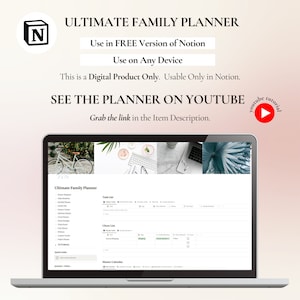 May include: A laptop computer screen displaying a digital family planner template in the Notion app. The planner includes sections for tasks, chores, and a master calendar. The screen is divided into three sections, each with a different background image. The text on the screen reads "Ultimate Family Planner", "Task List", "Chore List", and "Master Calendar".