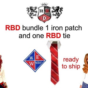 May include: An RBD bundle featuring one iron-on patch and one red striped tie. The patch displays a crest with the letters RBD and two lions. A diamond-shaped Elite Way School patch is included. The tie is red with thin black diagonal stripes.