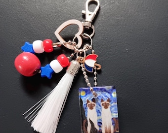 Siamesische Katze Sternennacht Schlüsselanhänger Taschenanhänger, Rot Weiß Blauer Quaste Regenschirm Charme