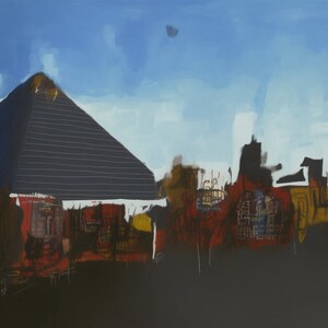 May include: Abstract painting with a dark blue pyramid shape in the foreground and a cityscape in the background. The sky is a light blue with white clouds. The painting is done in a variety of colors, including red, yellow, brown, and black.