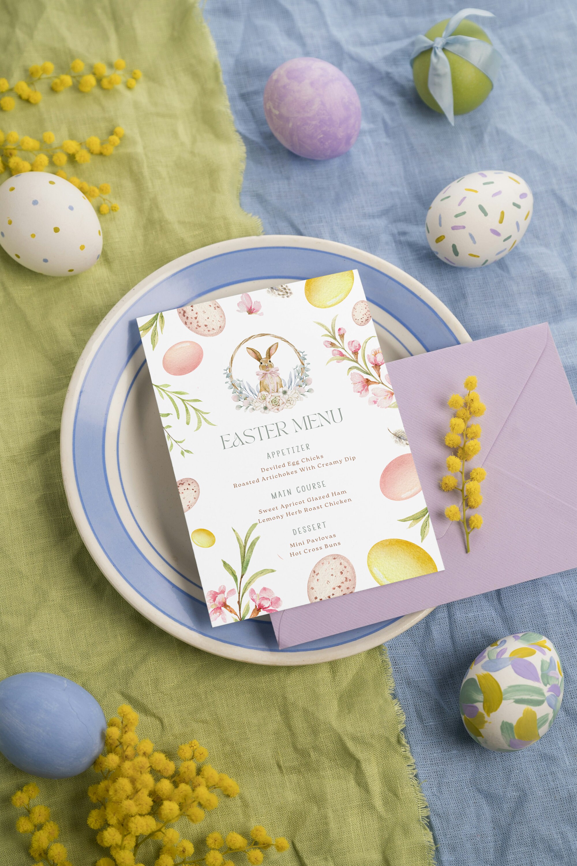 Menú de celebración de Pascua imprimible: plantilla de tarjeta de menú para brunch/almuerzo/cena/merienda inglesa