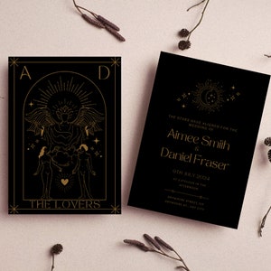 De Lovers Celestial Black & Gold Wedding Tarot Card, Rsvp Card + Details uitnodigingssjabloon