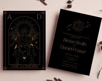 Carta del Tarot de Boda Celestial Negro y Dorado de Los Amantes, Tarjeta Rsvp + Plantilla de invitación con detalles