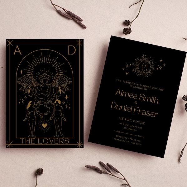 The Lovers Celestial Black & Gold Wedding Tarot Card, Rsvp Card + Details Invitation Template