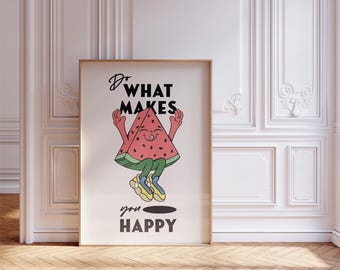 Happy Print, Retro Print, Retro Cartoon Art, Retro Quote Art, 70s Art Print, Retro Character, Inspirational Print, Vintage Art
