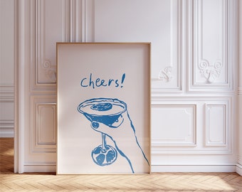 Descarga digital de impresión de "Cheers" / Arte de carrito de cócteles azul / Póster de pared de Martini imprimible / Decoración retro de happy hour / Descarga instantánea