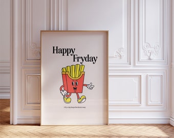 Impresión digital de "Feliz viernes" / Arte mural divertido de papas fritas / Póster imprimible con juego de palabras de comida retro / Decoración de cocina / Descarga instantánea