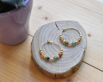 Rosemary hoops.silver hoops.gold plated.agate stones.hematite stone.boho jewelry.gift for her