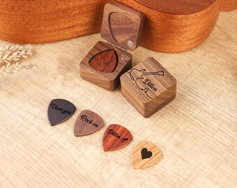 Personalized Wooden Guitar Picks with Case, Custom Guitar Pick Holder, Musicians Plectrum Box, Father's Day,Christmas Gift For Guitar Player