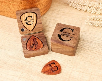 Personalized Wooden Guitar Picks with Case, Custom Guitar Pick Holder, Plectrum Box Guitar Player Gift, Father's Day, Gifts for Christmas