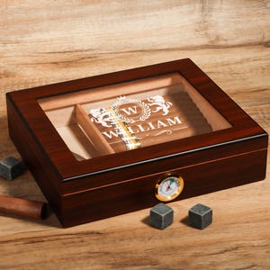 Custom Cigar Box with Hygrometer, Engraved Cigar Box, Personalized Glass Top Cigar Humidor Box, Wooden Cigar Box for Him, Groomsmen Gifts