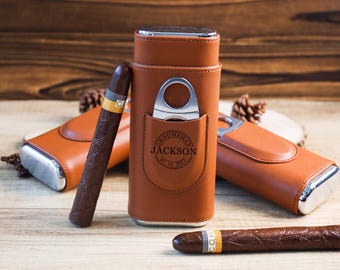 Personalized Cigar Case, Leather Cigar Holder with Cutter, Cigar Travel Case, Groomsmen Gifts, Gift for Dad Husband Gift for Him