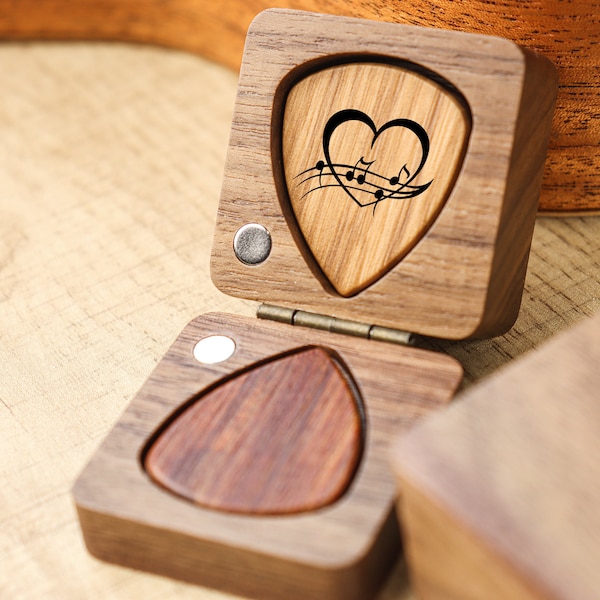Personalized Wooden Guitar Picks with Case, Custom Guitar Pick Holder, Plectrum Box Guitar Player Gift, Father's Day, Gifts for Christmas