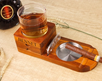 Personalized Whiskey & Cigar Tray Glass Holder Ashtray Whiskey, Groomsmen Gift Box Set,Father&#39;s Day gift, gift for him, personalized gift