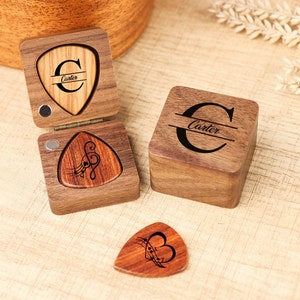Personalized Wooden Guitar Picks with Case, Custom Guitar Pick Holder, Musicians Plectrum Box, Father&#39;s Day,Christmas Gift For Guitar Player