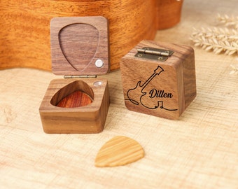 Médiators en bois personnalisés avec étui, support de médiator personnalisé, boîte de médiator pour musiciens, fête des pères, cadeau de Noël pour guitariste