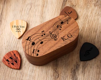 Personalisierte hölzerne Gitarren-Plektrum mit Fall, kundenspezifischer Gitarren-Plektrum-Halter, Plektrum Box Gitarristen-Geschenk, Vatertag, Geschenke für Weihnachten