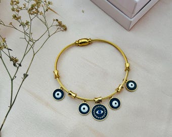 Gold Evil Eye Charm Bracelet: 18k Stainless Steel Bangle