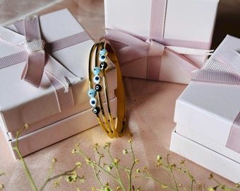 Evil Eye Gold Bangle Bracelet: Anti-Tarnish Stainless Steel Cuff