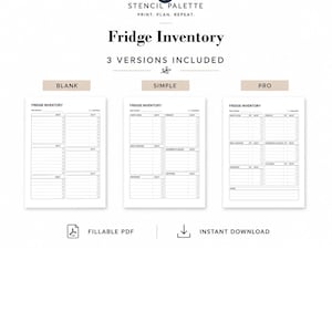 May include: A digital fridge inventory tracker set featuring three distinct versions labeled Blank, Simple, and Pro. Each white page includes black text, grid lines, and checkboxes for organizing food items, with the Stencil Palette logo at the top.