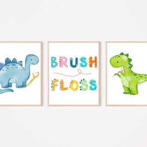 Set of 3 Dino Bathroom Wall Decor | Digital Download | Brush and Floss | Dinosaur Art | Kids Bathroom Wall Art |