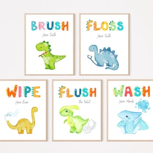 Kids Dinosaur Bathroom Art | Bathroom Wall Prints | Set of 5 | Kids Bathroom Decor | Children Wall Art | Brush, Floss, Wipe, Flush & Wash