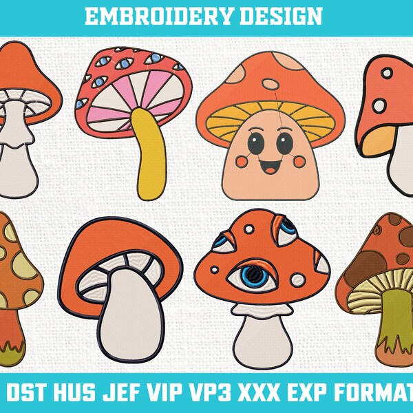 Mushrooms Embroidery Design File, Retro Groovy Mushroom Embroidery Design