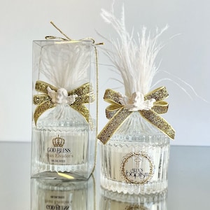Baptism Favor Candle: Gold Glitter Ribbon, Christening Keepsake