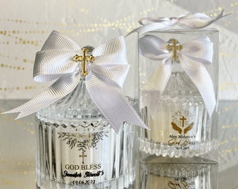 Gepersonaliseerde doopkaars: gouden kruis, elegant glas, aandenken eerste communie