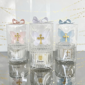 Favor de batismo com cruz de ouro personalizada em vela de vidro para convidados, presentes em massa de primeira comunhão, lembranças de agradecimento para meninos e meninas de batismo