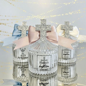 Personalized Baptism Candle Favors for Guests, Silver Cross on Glass Candle First Holy Communion Bulk Favor, Christening Favors