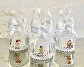 Gepersonaliseerde kaarsgunsten voor babyshower: glazen houder met sprankelend hart