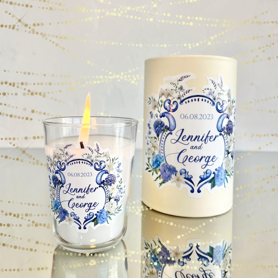Personalized Wedding Candle Favors – Floral Custom Label, Glass Gift ...