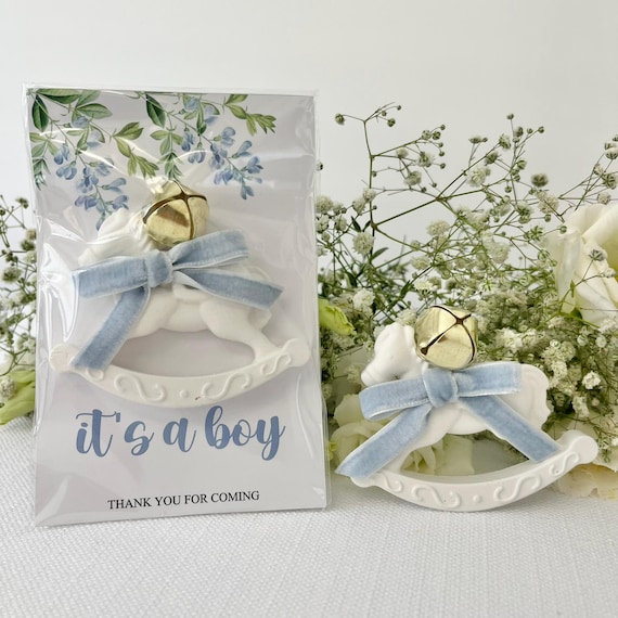 Rocking Horse Baby Shower Magnet Favor: Custom Card, Bell & Ribbon