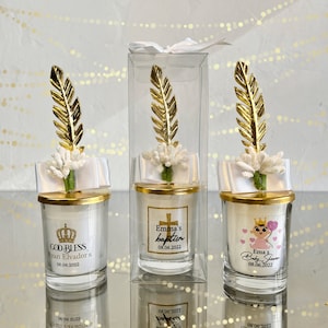 Luxury Gold Feather Candle Favors: Christening, Baptism, Shower