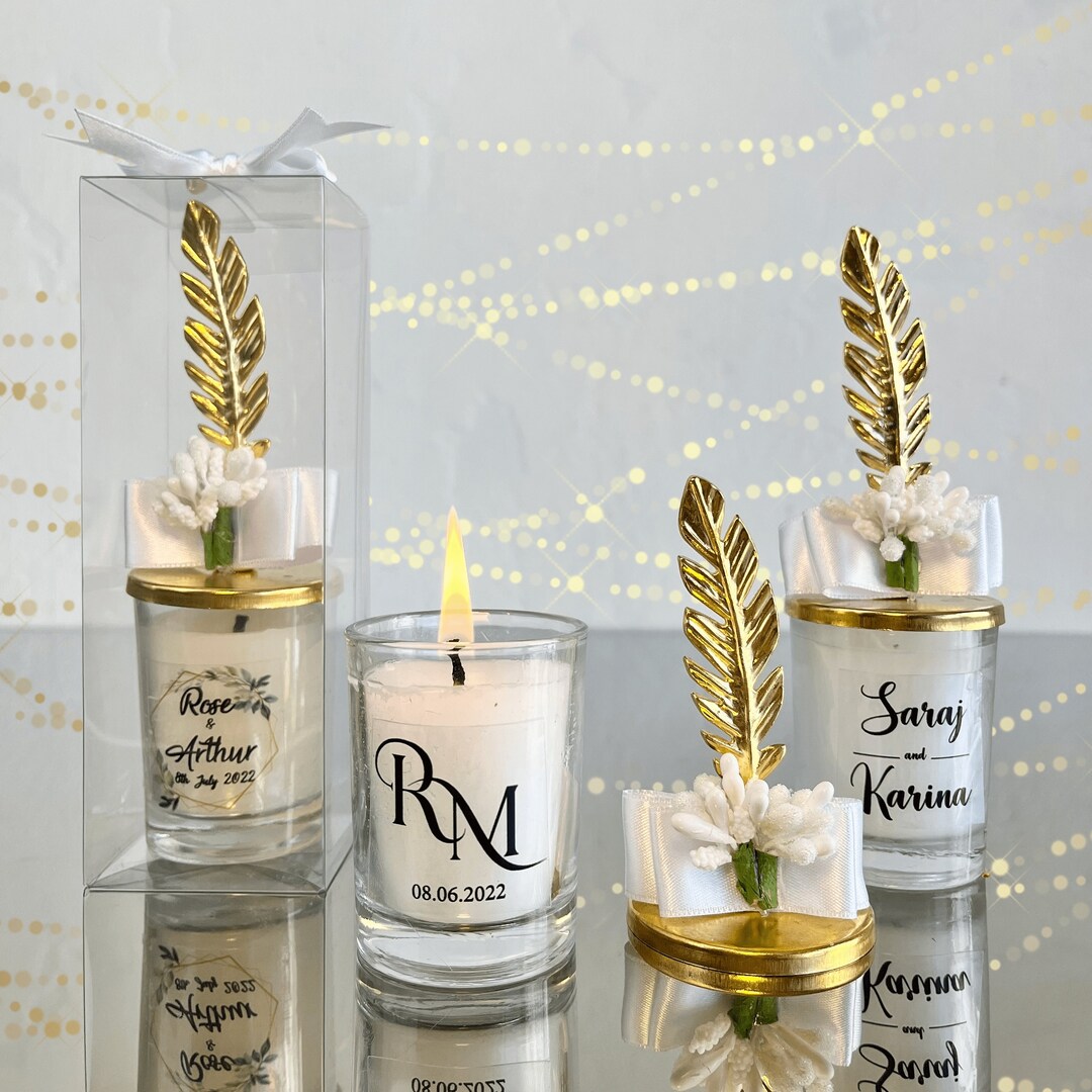 Personalized Wedding Candle Favors: Gold Feather, Floral Ribbon Detail ...