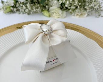 White Rose Wedding Favor Box: Pearl Crystal Ribbon, Personalized Keepsake