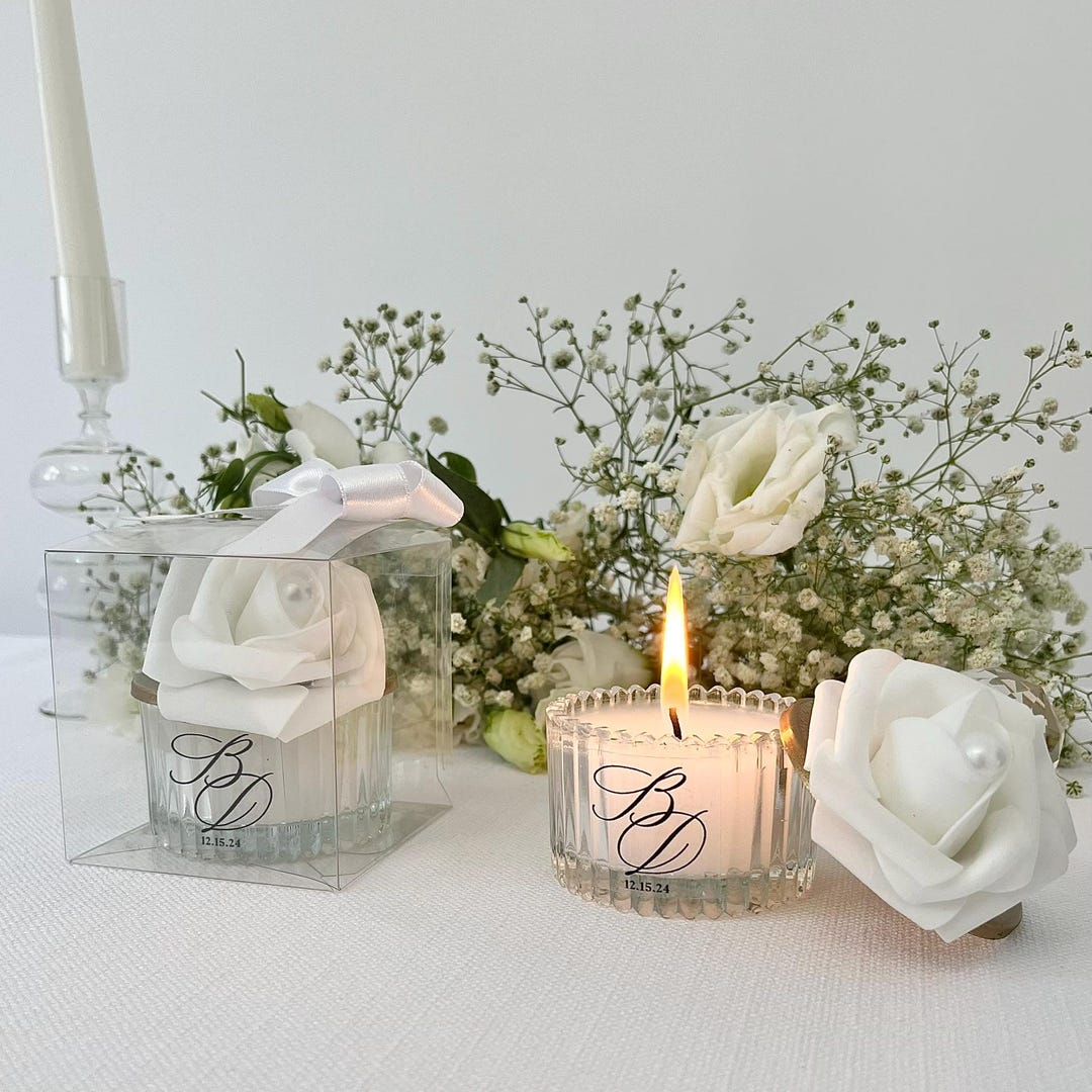 Elegant Personalized Wedding Candle Favors With Rose, Romantic Rose and ...