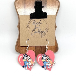 Valentine's Day Bluey Inspired Dangle Earrings / Bluey Jewelry / Bingo & Bluey / Bingo and Bluey / Cartoon Earrings / Kid Jewelry